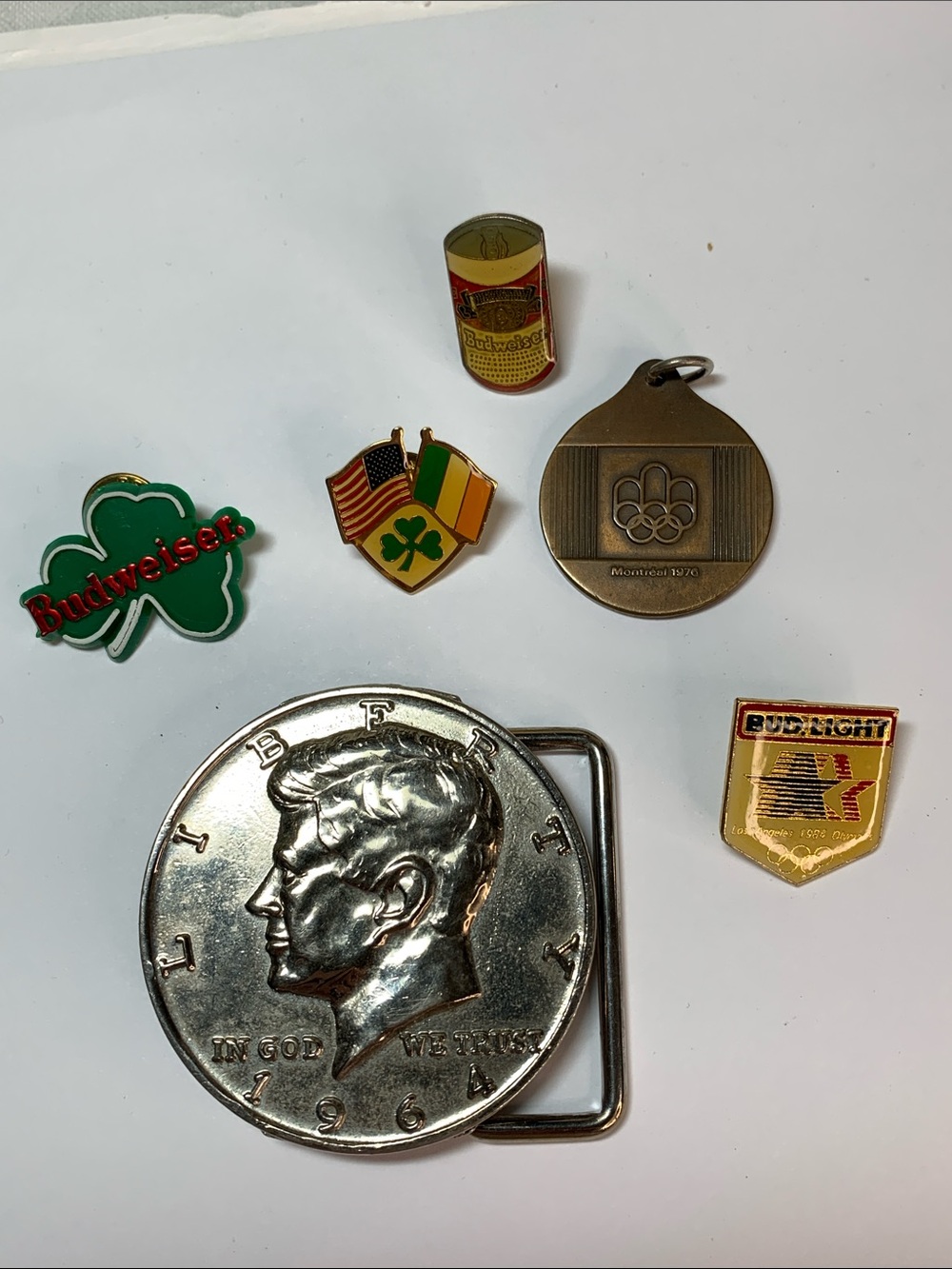 John F Kennedy Faux Silver Half Dollar Coin Belt Buckle & Misc Lapel Pins